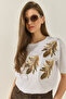 Women's White Shoulder Leaf Patterned Bead Embroidery Detailed Comfortable Fit Cotton T-Shirt 1850 60283283 - 3