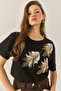 Women's Black Shoulder Leaf Patterned Bead Embroidery Detailed Comfortable Fit Cotton T-Shirt 1850 60283283