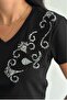 Women's Black V-Neck Shoulder Sequin Embroidered 100% Cotton T-Shirt - 2