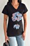 Women's Black V-Neck Balloon Elephant Pattern Sequin Embroidered 100% Cotton T-Shirt - 4