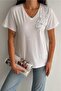 Women's White V-Neck Shoulder Sequin Embroidered 100% Cotton T-Shirt