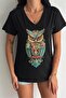 Women's Black V-Neck Owl Sequin Embroidered 100% Cotton T-Shirt