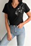 Women's Black V-Neck Shoulder Sequin Embroidered 100% Cotton T-Shirt - 4