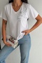Women's White V-Neck Shoulder Sequin Embroidered 100% Cotton T-Shirt - 4