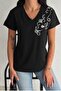 Women's Black V-Neck Shoulder Sequin Embroidered 100% Cotton T-Shirt