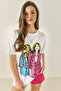 Women's White Crew Neck Printed Short Sleeve T-Shirt 5242 60284049 - 5