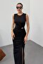 Women's Black Draped and Slit Accessory Detailed Sleeveless Midi Dress 13606 - 8