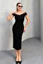 Women's Black Shoulder Open Cross Strap Midi Dress 13650