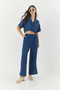 Women's Midnight Blue Seersucker Crop Jacket Elastic Waist High Waist Pants Bottom-Top Set 9313 60281043 - 6