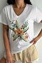 Women's White V-Neck Large Size Starfish Pattern Sequin Sequin Embroidered 100% Cotton Large Size T-Shirt - 4