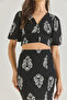 Women's Black White V-Neck Crop Blouse Slit Detailed Skirt Patterned Wrinkled Bottom-Top Set 8037 60284045 - 7