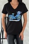 Women's Black V-Neck Bicycle Sequin Embroidered 100% Cotton T-Shirt