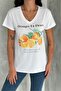 Women's White V-Neck Orange Sequin Sequin Embroidered 100% Cotton T-Shirt - 4