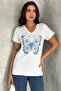 Women's White V-Neck Butterfly Sequin Sequin Embroidered 100% Cotton T-Shirt - 3