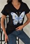 Women's Black V-Neck Large Size Butterfly Pattern Sequin Embroidered 100% Cotton Large Size T-Shirt - 5