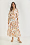 Women's Orange Window Detailed Patterned Long Linen Dress 3025 60283273 - 2