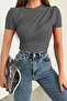 Women's Crew Neck and Waist Drawstring Sandy Fabric Short Sleeve Blouse