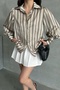Women's Striped Balloon Sleeve Satin Shirt - 2
