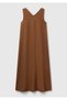 Women's Brown 100% Linen V Neck Sleeveless A-Line Midi Dress - 4