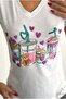 Women's White Teddy Bear Heart Flower Sequin Sequin Embroidered V-Neck 100% Cotton T-Shirt - 7