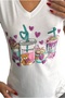 Women's White Teddy Bear Heart Flower Sequin Sequin Embroidered V-Neck 100% Cotton T-Shirt