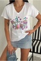 Women's White Teddy Bear Heart Flower Sequin Sequin Embroidered V-Neck 100% Cotton T-Shirt - 6