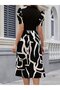 Women Short Sleeve Semi Turtleneck Top Viscose Bottom Print Woven Midi Dress - 2