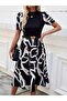 Women Short Sleeve Semi Turtleneck Top Viscose Bottom Print Woven Midi Dress - 6