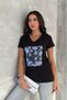 Women's Black V-Neck Sequin and Embroidery Embroidered 100% Cotton T-Shirt - 6