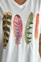 Women's White V-Neck Large Size Feather Pattern Sequin Embroidered 100% Cotton Large Size T-Shirt - 2