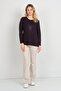 Women's Side Slits Stone Embroidered Long Sleeve Mother's Blouse 5703 Plum - 2