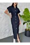 Button Detailed Side Zippered Navy Blue Denim Dress – Stylish Design 7279 - 3