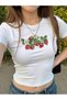 Women's White Strawberry Branch Printed Crew Neck Tight Crop Tshirt