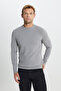 Men's Gray Melange Standard Fit Regular Cut Crew Neck Dobby Knitwear Sweater - 7