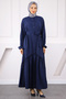 Navy Blue Skirt Gathered Waist Belted Linda Dress - 2