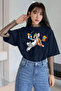 Unisex Tom and Mickey Printed Relaxed Fit Navy Blue T-Shirt - 3