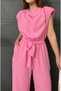 Premium Jumpsuit with Crepe Fabric Padding and Waist Tie Detail - 2