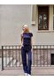 Navy Blue Shoulder Detail Elastic Waist Suit - 3