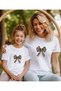 Mother-Daughter Bow Leopard Print T-Shirt, Crew Neck White-Black T-Shirt/T-Shirt (the Price Is for One Piece.)