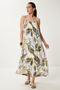 Patterned Straps Comfortable Viscose Dress White Khaki Lrg0018