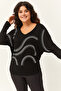 Women's Plus Size Silver Stone Printed Bat Sleeve Black Blouse