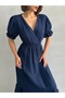 Women's Navy Blue Double Breasted Collar Gimped Muslin Dress - 5