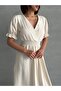 Women's Beige Double Breasted Collar Gimped Muslin Dress - 5