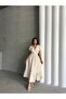 Women's Beige Double Breasted Collar Gimped Muslin Dress - 4