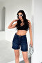 Women's Dark Blue Washed Mom Fit High Waist Lycra Jean Shorts Lily-Kymavi̇ - 5