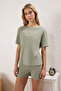 Mint Slogan ve Kalp Nakışlı Fitilli Şortlu Örme Pijama Takımı THMSS25PT00402 - 2