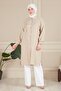 Plus Size Comfortable Cut Spring Summer Hijab Cotton Linen Side Slit Mother's Shirt Stone Accessory Detailed Long Tunic Beige - 7