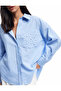 Long Sleeve Textured Pearl Embroidery Detailed Oversize Shirt with Pockets - 2