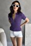 Women's Purple White Half Zipper Polo Neck Ribbed Knitted Blouse - 5