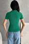 Women's Green Half Zipper Polo Neck Ribbed Knitted Blouse - 3